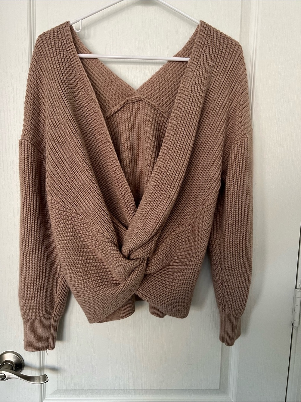SHEIN Twist-Front V-Neck Sweater in Taupe Brown